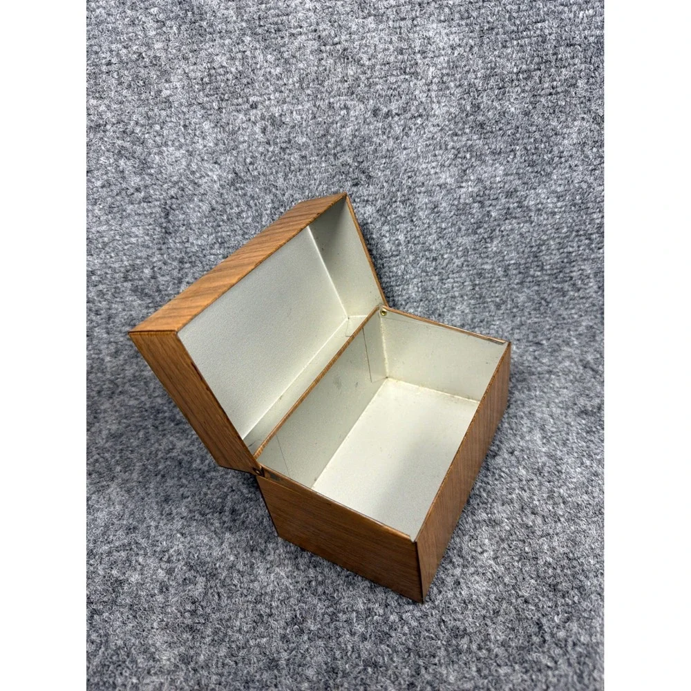Vintage Faux Wood Grain Metal Hinged Storage Box Mid Century Recipe Tin Brown